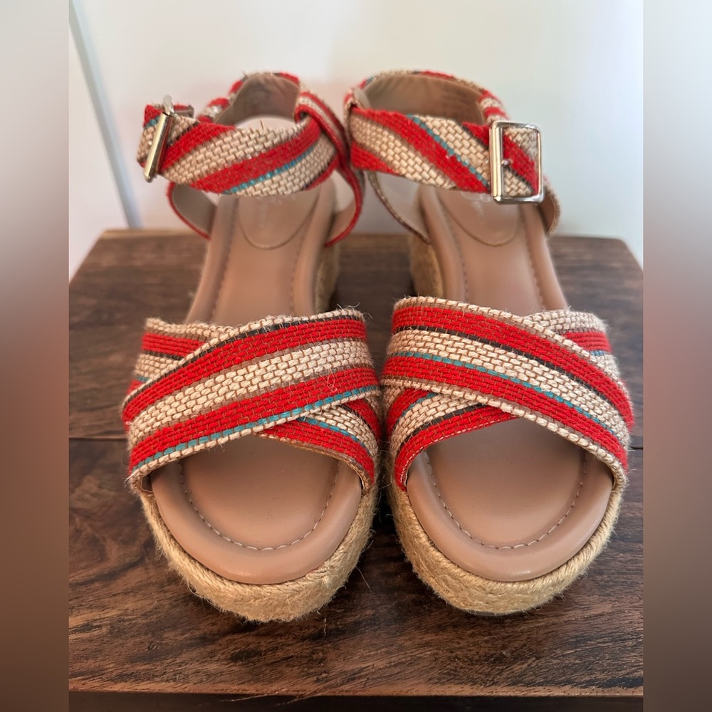 Market & Spruce size 8 platform espadrilles with orange, blue and neutral straps - Picture 2 of 8